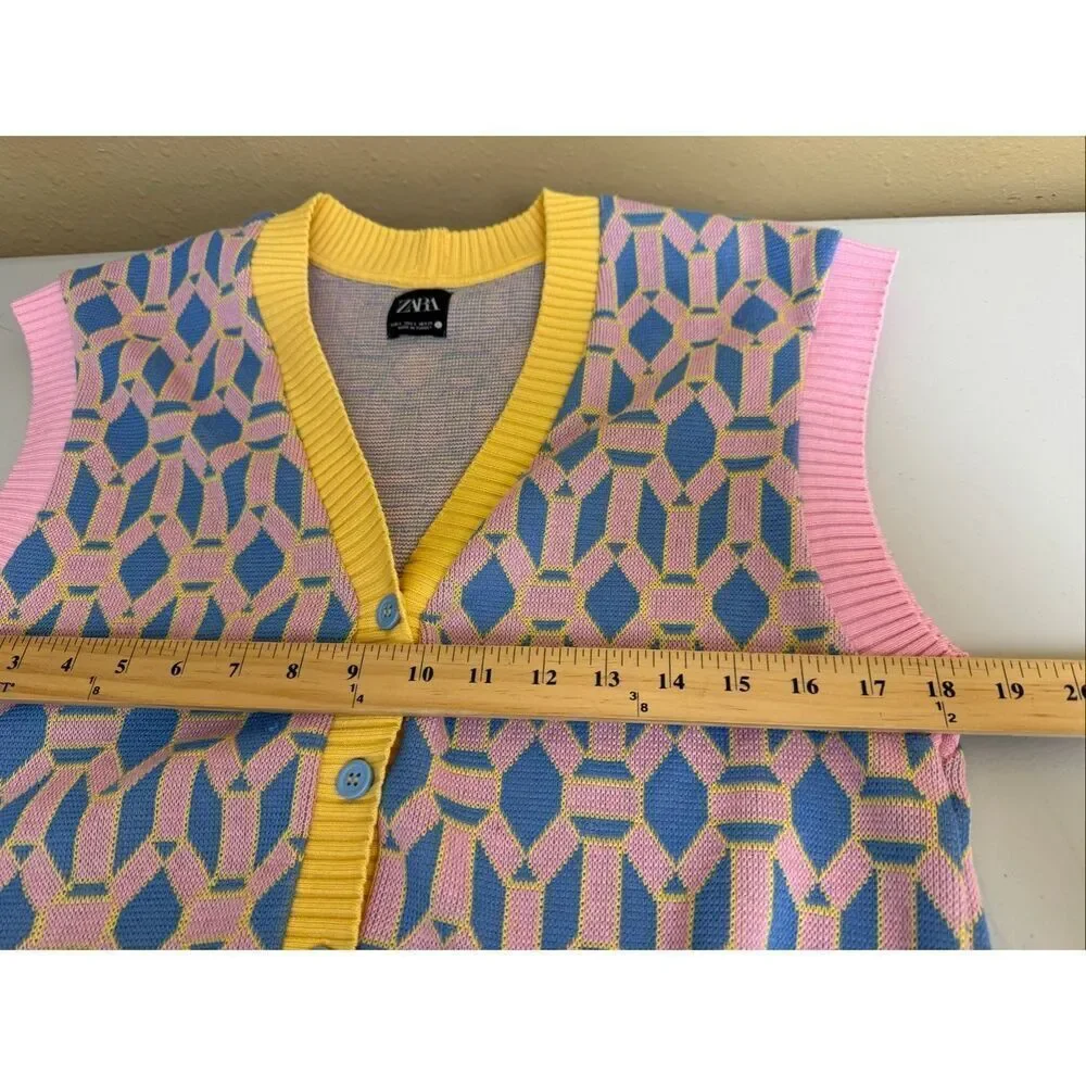 Zara Colorful Geometric Knit Button Sweater Vest Women Small